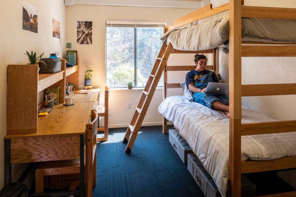 Person sitting on a bunk bed in one of the 在线博彩平台 reslidential colleges, working on a laptop.